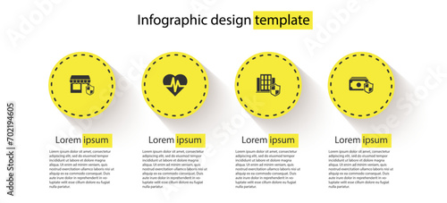 Set Shopping building with shield, Health insurance, House and Money. Business infographic template. Vector