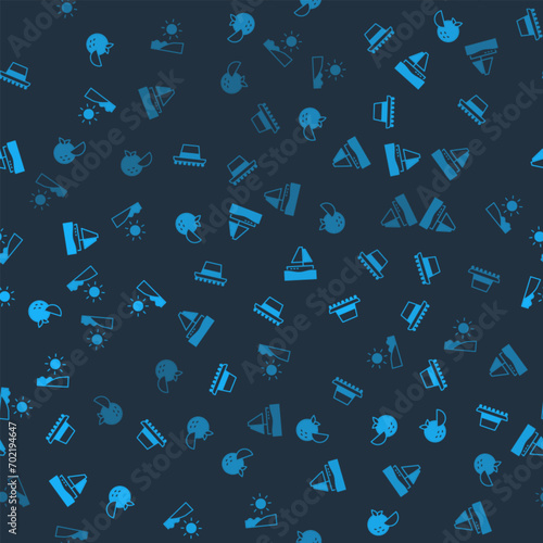 Set Orange fruit, Spanish hat, Yacht sailboat and Beach on seamless pattern. Vector