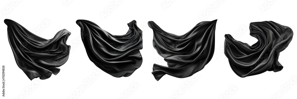 Set of flying black Silk fabric waving on a transparent background in the top view. PNG Set of flying black Silk fabric waving on a transparent background in the top view. PNG