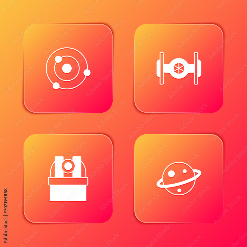 Set Solar system, Cosmic ship, Astronomical observatory and Planet Saturn icon. Vector