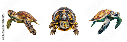 A set of turtles isolated on a transparent background in the top view. PNG