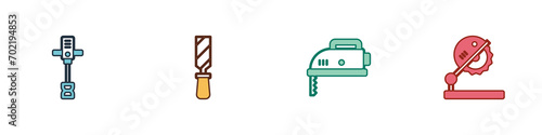 Set Electrical hand concrete mixer, Rasp metal file, jigsaw and Table for woodwork icon. Vector
