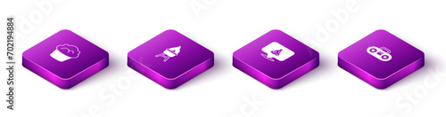 Set Isometric Muffin, Barbecue grill, Slice of pizza and Home stereo with two speakers icon. Vector