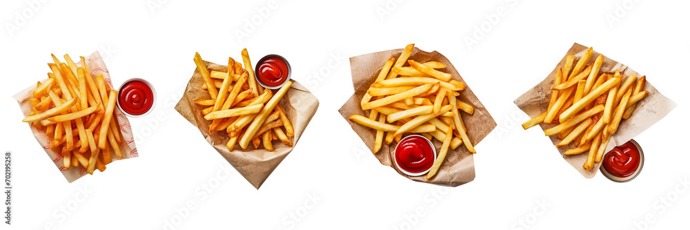 A set of french fries with ketchup is up in the paper on a transparent background in the top view. PNG