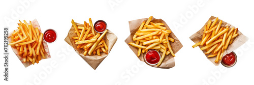 Obraz na płótnie A set of french fries with ketchup is up in the paper on a transparent background in the top view. PNG w salonie
