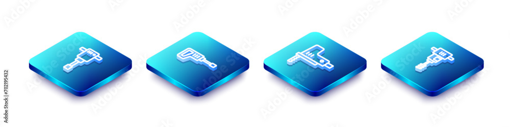Set Isometric line Construction jackhammer, Rotary drill machine, Electric jigsaw and Electrical hand concrete mixer icon. Vector Set Isometric line Construction jackhammer, Rotary drill machine, Electric jigsaw and Electrical hand concrete mixer icon. Vector