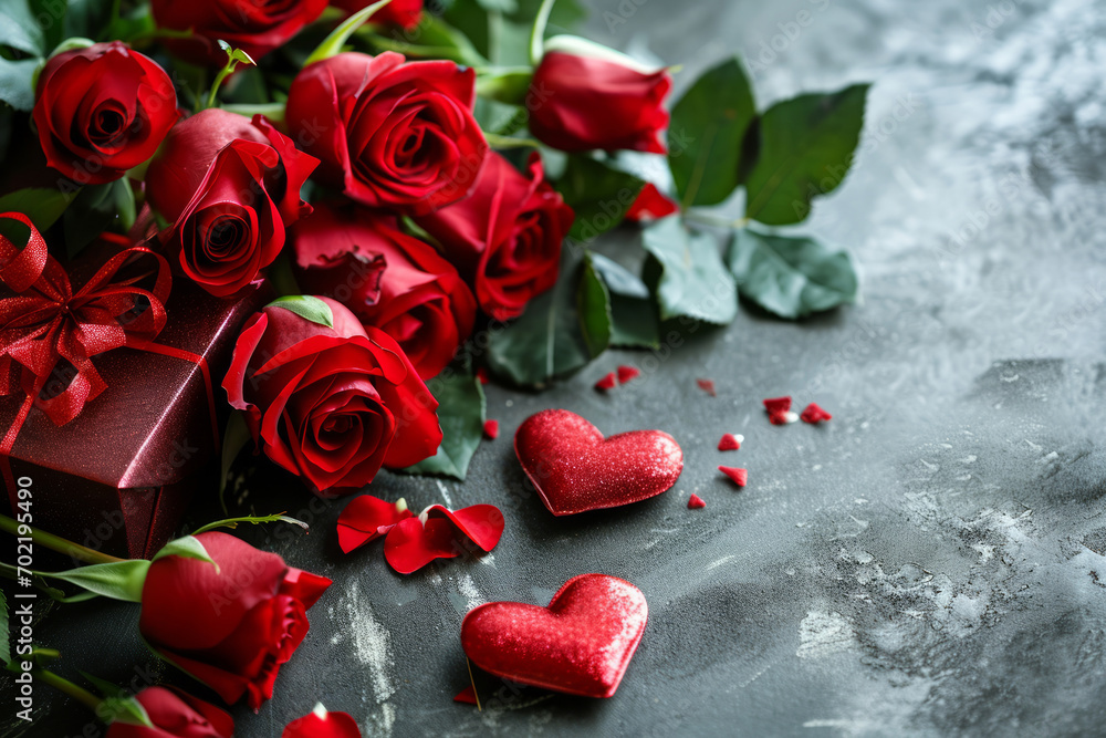 Red roses, gift box and hearts on stone table for Valentine's Day background Red roses, gift box and hearts on stone table for Valentine's Day background