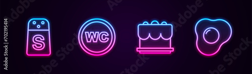 Set line Salt, Toilet, Cake and Scrambled eggs. Glowing neon icon. Vector
