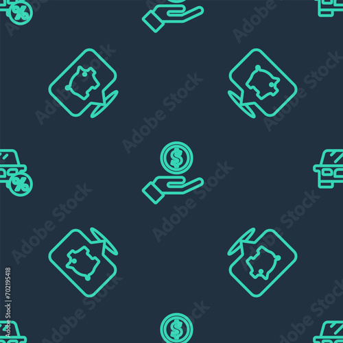 Set line Hand giving money, Piggy bank and Car leasing percent on seamless pattern. Vector