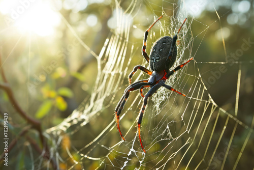 Photography of a Redback spider on a natural web in the Australian Outback, detailed close-up showing its distinctive red stripe, under soft, natural sunlight photo