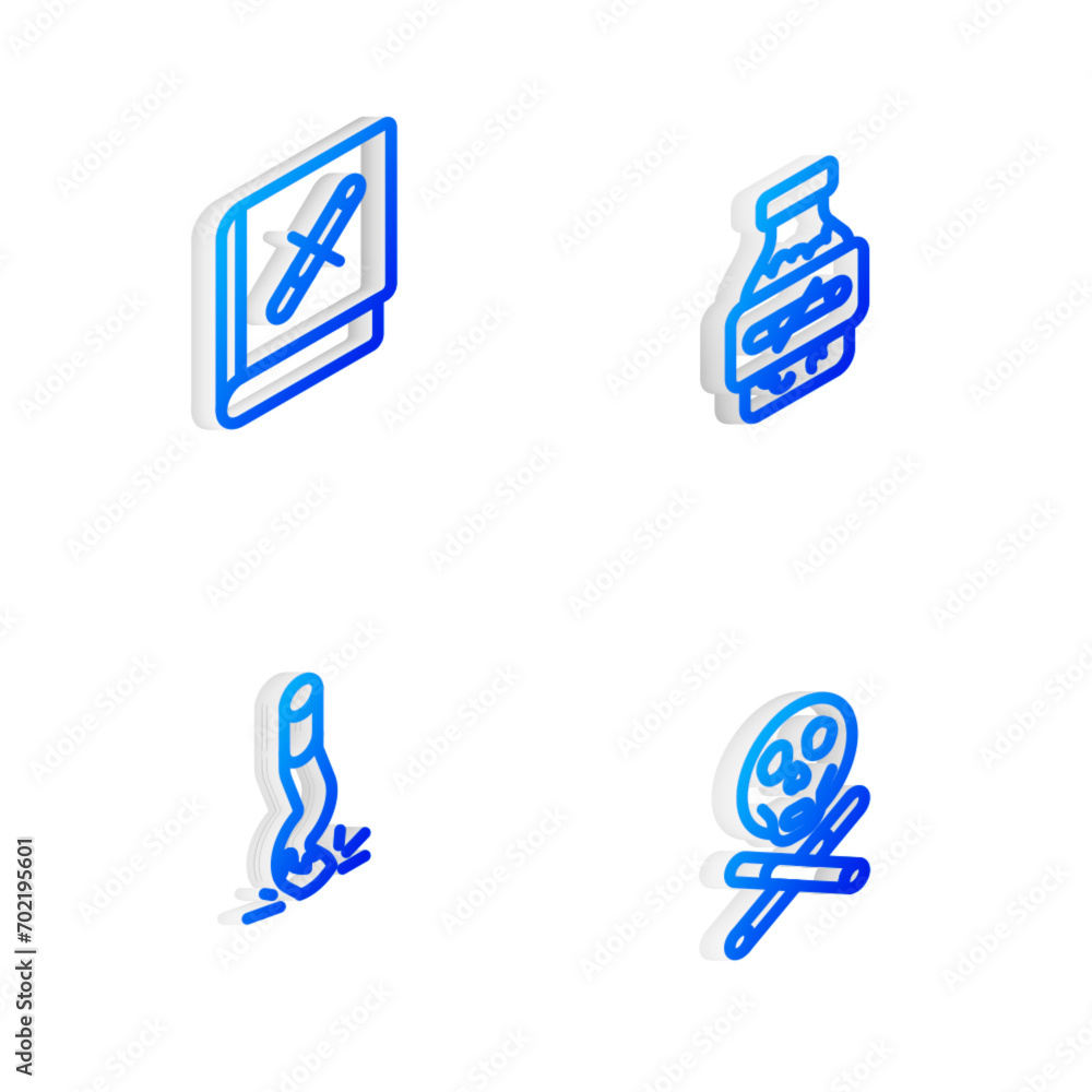 Set Isometric line Nicotine gum in blister pack, Book with stop cigarette, Cigarette butt and Bones and skull icon. Vector