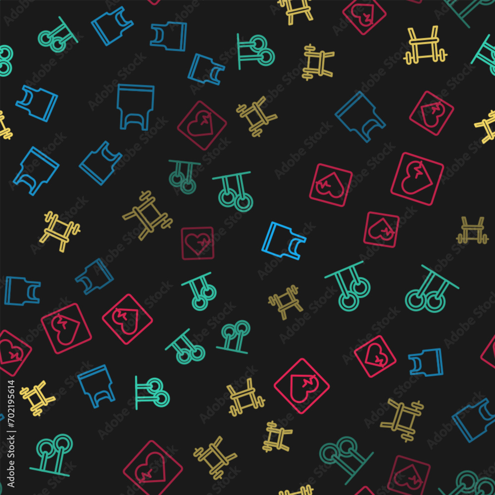 Set line Sleeveless t-shirt, Gymnastic rings, Bench with barbell and Heart rate on seamless pattern. Vector Set line Sleeveless t-shirt, Gymnastic rings, Bench with barbell and Heart rate on seamless pattern. Vector