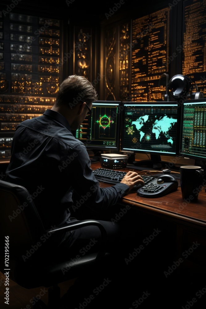 Trader analyzing profit and loss data on a high-resolution virtual screen, Generative AI Trader analyzing profit and loss data on a high-resolution virtual screen, Generative AI