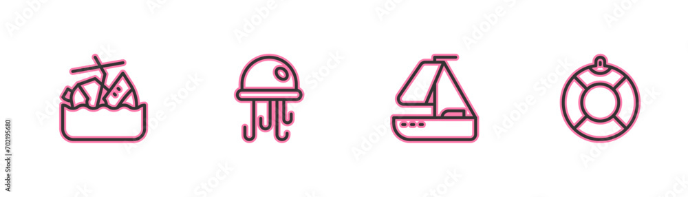 Set line Sinking cruise ship, Yacht sailboat, Jellyfish and Lifebuoy icon. Vector Set line Sinking cruise ship, Yacht sailboat, Jellyfish and Lifebuoy icon. Vector