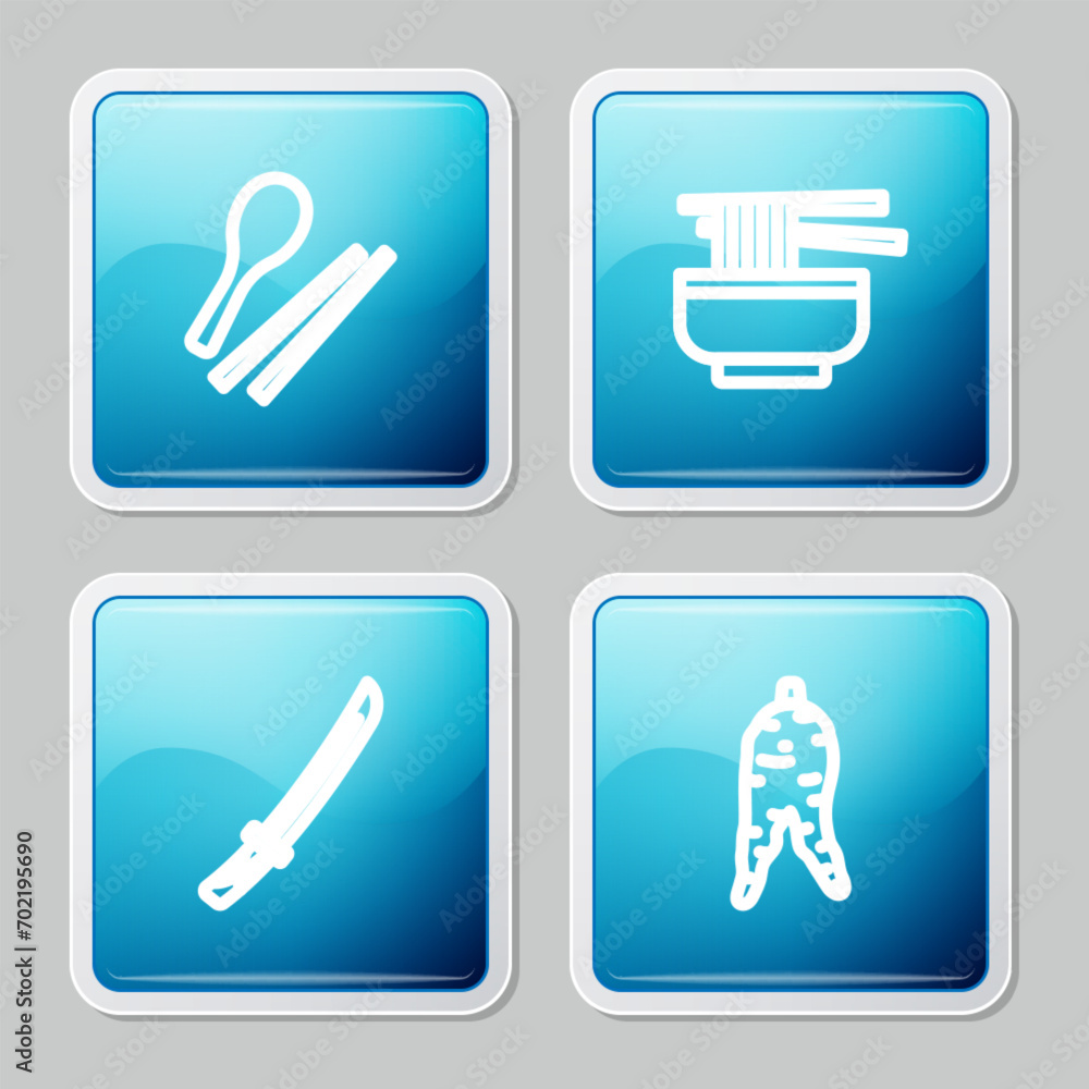 Set line Food chopsticks, Ramen, Katana and Ginseng root icon. Vector Set line Food chopsticks, Ramen, Katana and Ginseng root icon. Vector
