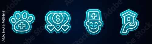 Set line Veterinary clinic, Donation and charity, Male doctor and Shelter for homeless. Glowing neon icon. Vector