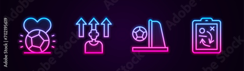 Set line Soccer football ball, Football or soccer player, goal with and Planning strategy concept. Glowing neon icon. Vector