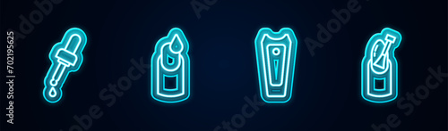 Set line Pipette with oil, Manicure, Nail cutter and manicure. Glowing neon icon. Vector