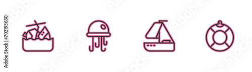 Set line Sinking cruise ship, Yacht sailboat, Jellyfish and Lifebuoy icon. Vector