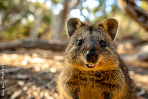 Quokka with a charming smile, on Rottnest Island, with natural bushland in the background