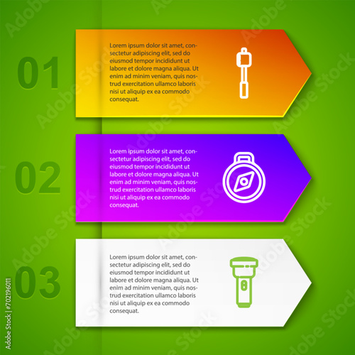 Set line Marshmallow on stick, Compass, Flashlight and Canteen water bottle. Business infographic template. Vector