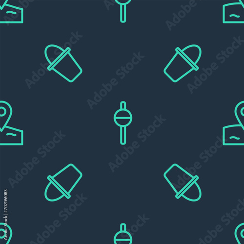 Set line Fishing float, bucket and Location fishing on seamless pattern. Vector