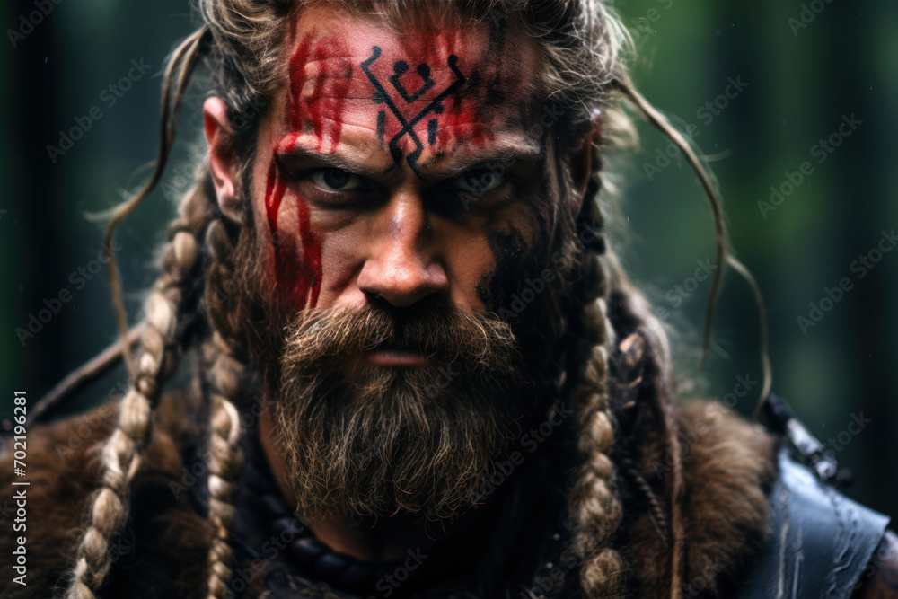 Viking warrior, a man in his late 30s, with a distinct, long braided hairstyle and bold, black and red face paint, symbolizing his prowess in battle. He stands fiercely against a backdrop of dark