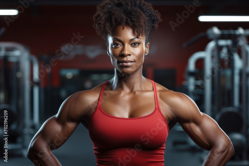A striking 33-year-old African American female bodybuilder, showcasing her defined muscles in a confident pose against a gym backdrop