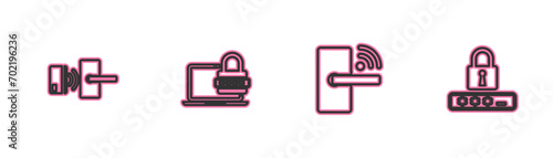 Set line Digital door lock with wireless, , Laptop password and Password protection icon. Vector