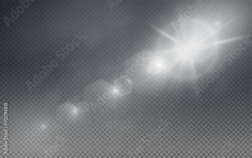 Set of realistic vector white stars png. Set of vector suns png. White flares with highlights. 