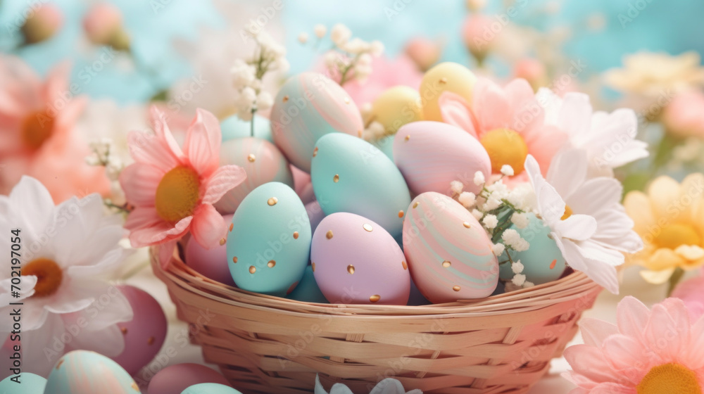Colorful easter eggs in basket with flowers on pastel background