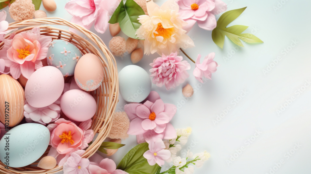 Easter eggs and spring flowers on white background. Happy Easter concept.