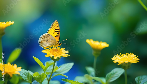 Small yellow bright summer flowers and butterfly on a background of blue and green foliage in a fairy garden. Macro artistic image. © Antonio Giordano