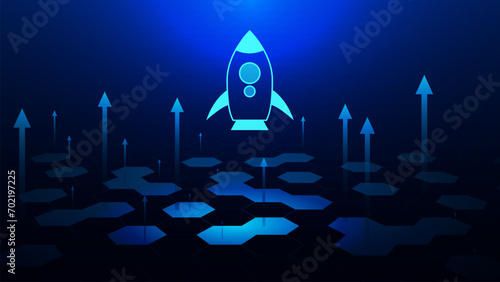 Business growth up concept with rocket ship launch, up arrow and hexagons. Business startup or business product on market background.