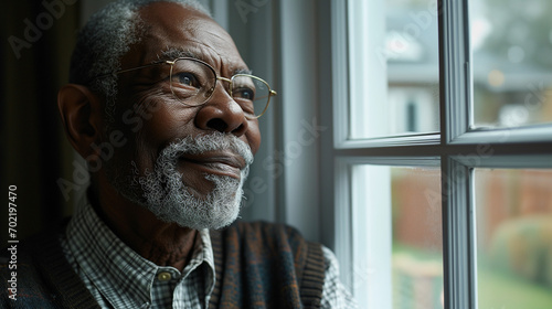 Mature senior black african american man smiling and staring out window