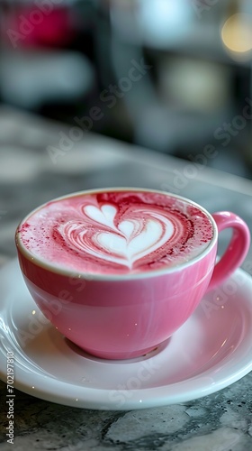 Wallpaper Mural A cup of coffee decorated with a pink heart-shaped pattern on a plate Torontodigital.ca