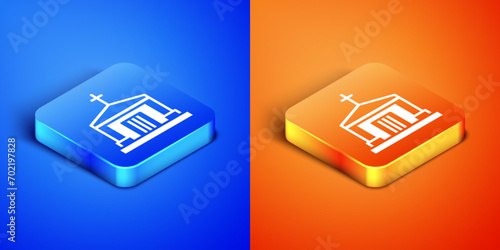 Isometric Old crypt icon isolated on blue and orange background. Cemetery symbol. Ossuary or crypt for burial of deceased. Square button. Vector