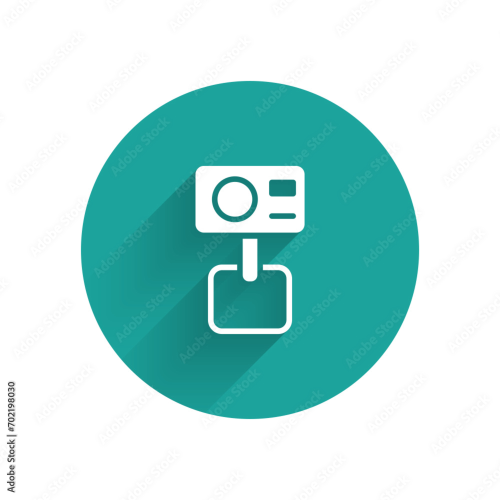 White Action extreme camera icon isolated with long shadow. Video camera equipment for filming extreme sports. Green circle button. Vector White Action extreme camera icon isolated with long shadow. Video camera equipment for filming extreme sports. Green circle button. Vector