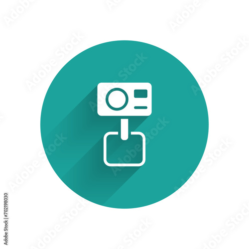 White Action extreme camera icon isolated with long shadow. Video camera equipment for filming extreme sports. Green circle button. Vector