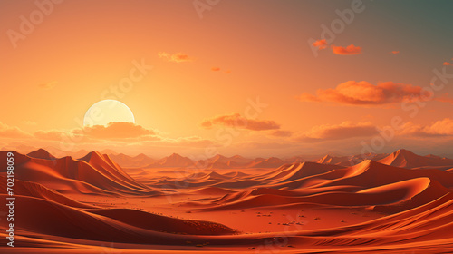 Stylized depiction of a desert scene with dunes and a setting sun.