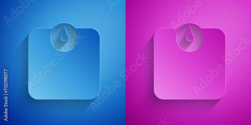 Paper cut Bathroom scales icon isolated on blue and purple background. Weight measure Equipment. Weight Scale fitness sport concept. Paper art style. Vector