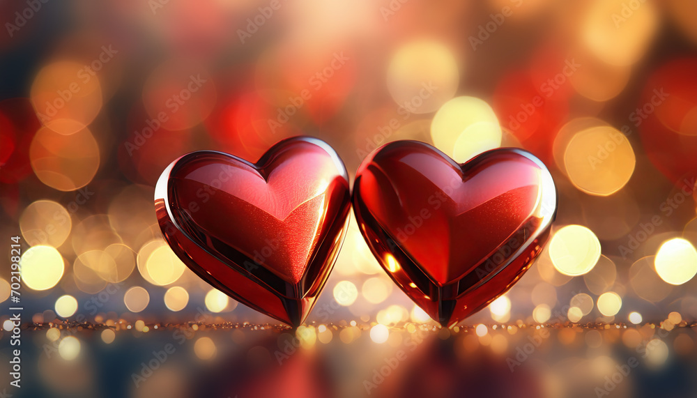 deux cœurs rouges brillants sur fond coloré avec effet de lumière Saint-Valentin mariage amour déclaration