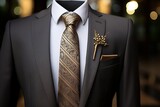 Close-up of a businessman's lapel pin and elegant tie knot, Generative AI
