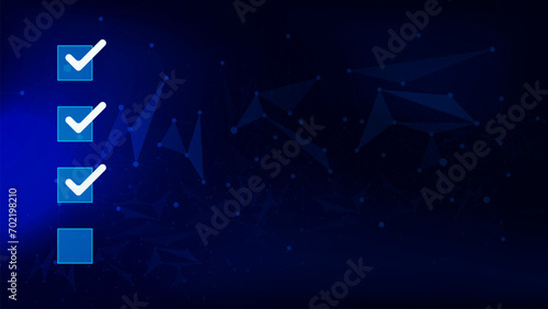 Tick correct sign mark in checkbox with connecting dots and lines on dark blue background.
