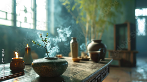  Incense sticks burning in a pottery holder with a serene and calm atmosphere.