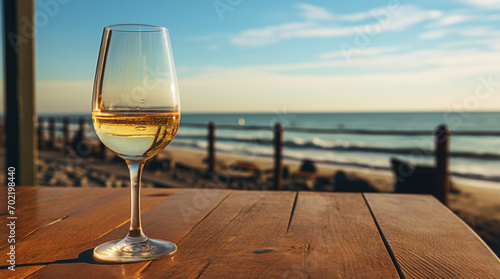 Close-up of a glass of white wine against of sea backdrop. Romantic trip concept. Generative AI