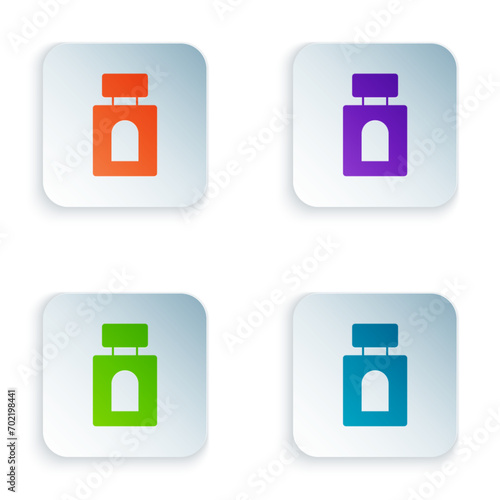 Color Aftershave icon isolated on white background. Cologne spray icon. Male perfume bottle. Set colorful icons in square buttons. Vector