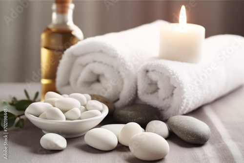Smooth white stones, white towel, candle, aroma oil, spa attributes