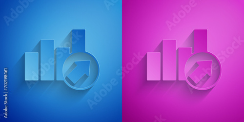 Paper cut Financial growth increase icon isolated on blue and purple background. Increasing revenue. Paper art style. Vector