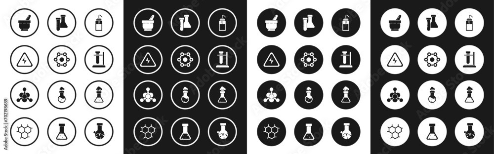 Set Laboratory wash bottle, Chemical formula, High voltage sign, Mortar and pestle, Test tube flask on stand, chemical,  and Bacteria icon. Vector